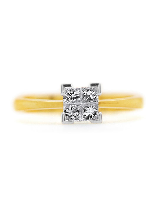 18K Yellow Gold 4 Diamonds=0.35ct Princess Cut Ring.