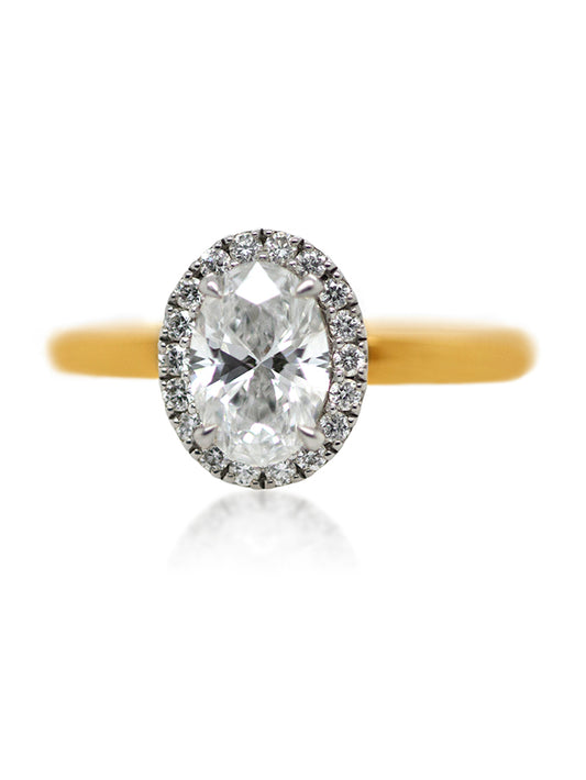 Lab Grown Oval Cut Diamond Halo Ring 18K Yellow & White Gold, T=1.16ct