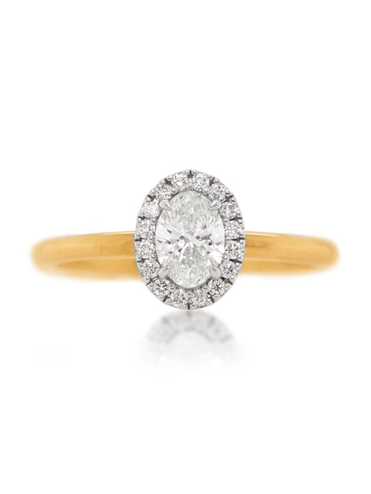 All Lab Grown Oval 0.50 Carat Diamond Halo Ring,18 Carat Yellow Gold