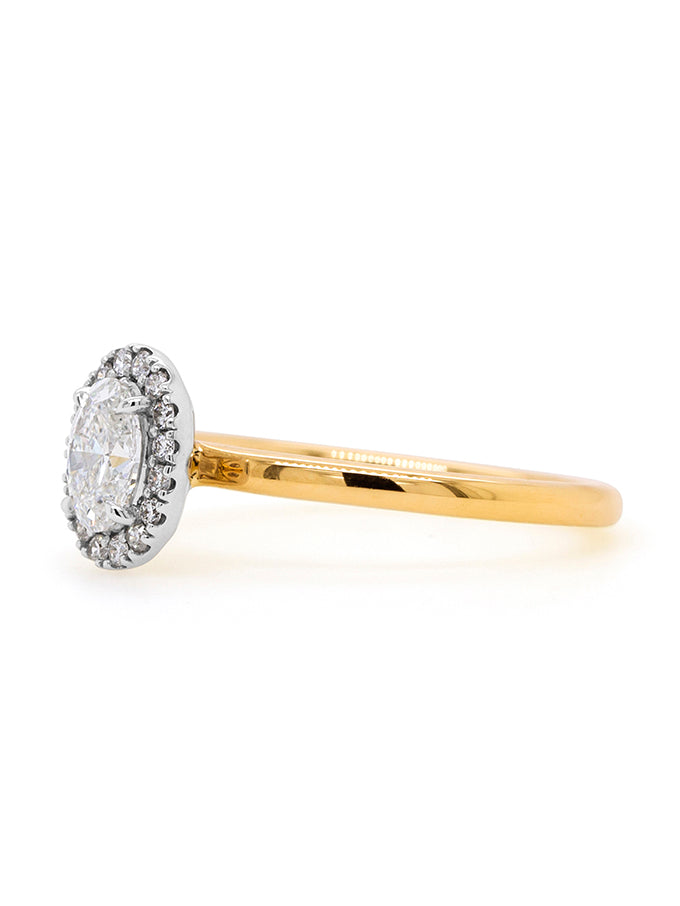 Lab Grown 0.63 Carat Oval Diamond Halo 18 Carat Yellow Gold Ring