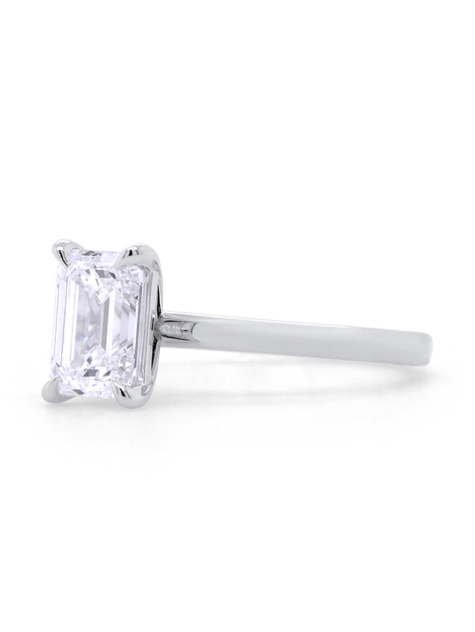 Lab Grown Emerald Cut Diamond Solitaire Ring, 18K White Gold. T=2.02ct