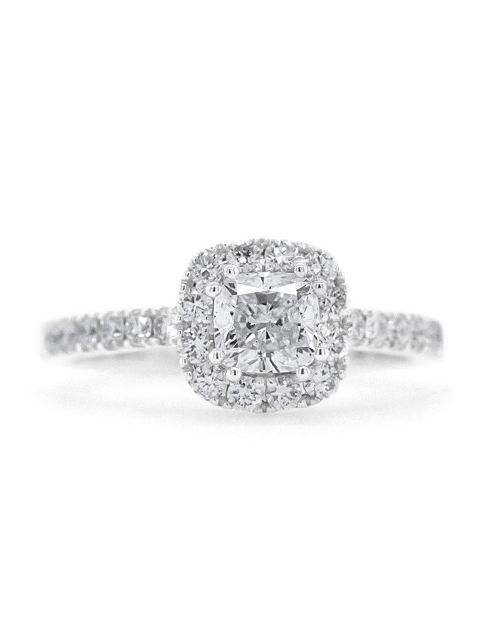 Cushion Cut Diamond Halo Ring, T=1.34 Carat, 18 Carat White Gold.