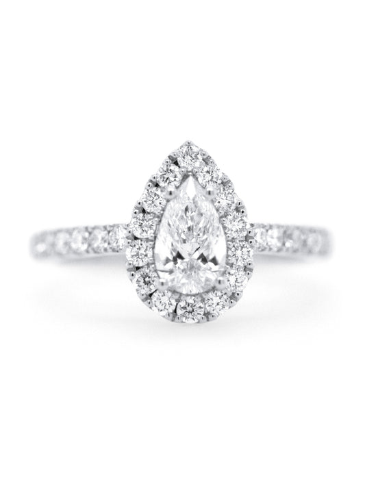All Lab Grown Pear Halo Diamond Ring, 18K White Gold T=1.39ct.