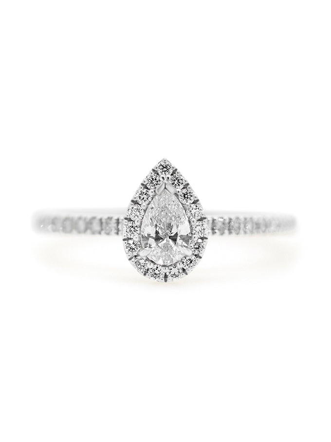 Pear Halo Diamond Ring, 18K White Gold T=0.55ct