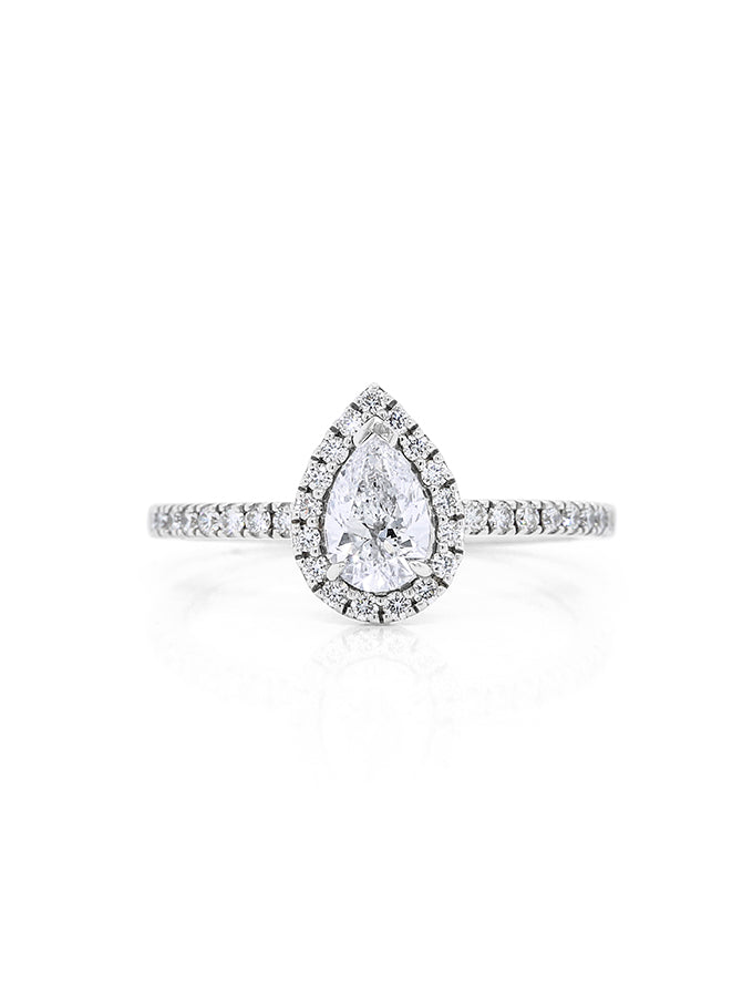 Lab Grown Pear Halo Diamond Ring in 18 Carat White Gold, T=1.39Ct