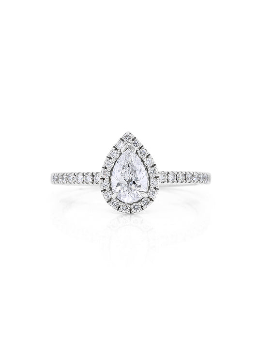 Lab Grown Pear Halo Diamond Ring in 18 Carat White Gold, T=1.39Ct