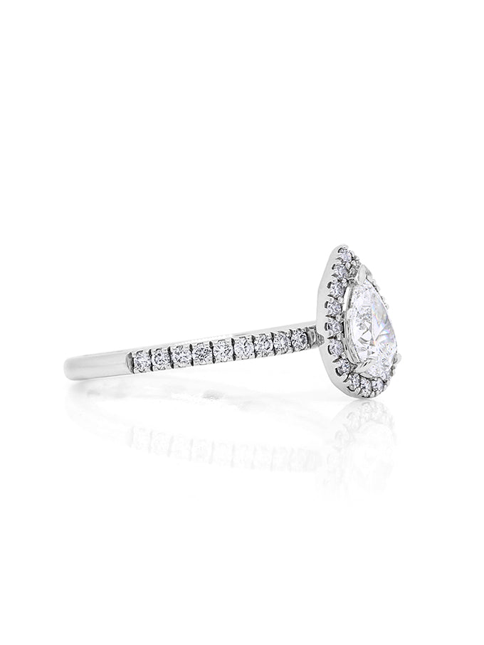 Lab Grown Pear Halo Diamond Ring in 18 Carat White Gold, T=1.39Ct