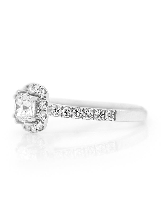 Cushion Cut Diamond Halo Ring, T=1.34 Carat, 18 Carat White Gold.