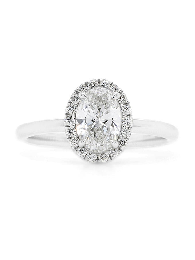 1.02 Lab Grown Oval Diamond Halo Ring in 18 Carat White Gold