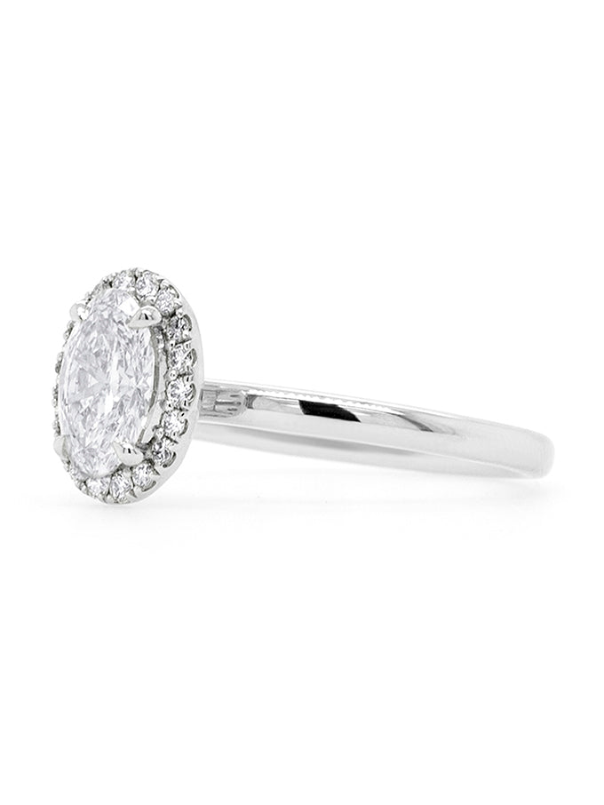 1.02 Lab Grown Oval Diamond Halo Ring in 18 Carat White Gold