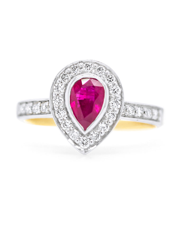 Pear Cut Natural Ruby & Diamond Ring, 18K Yellow & White Gold.