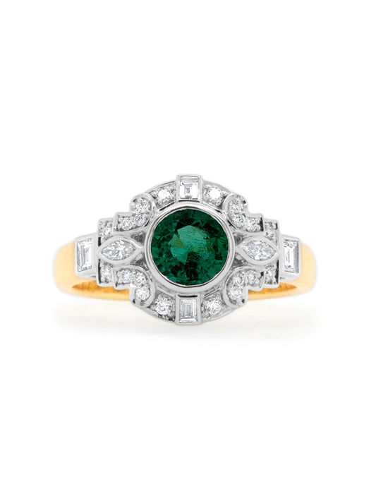 Fancy Natural Emerald & Diamond Bezel Set Ring, 18K Gold.