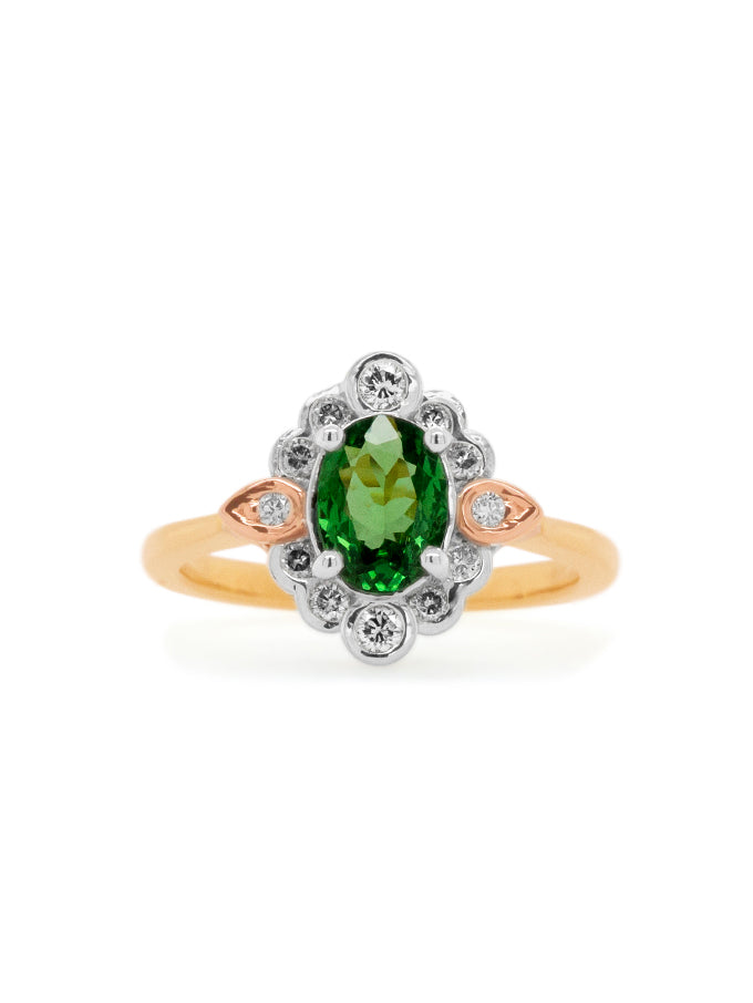 Tsavorite Garnet & Diamonds set in 18K Yellow White & Rose Gold.