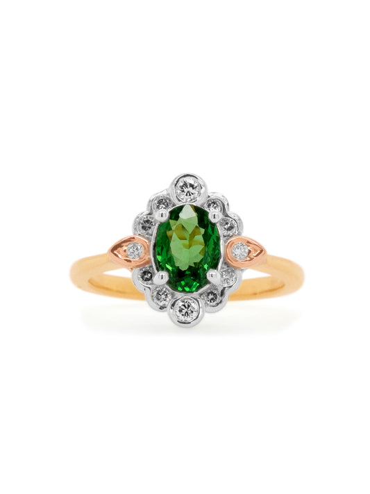 Tsavorite Garnet & Diamonds set in 18K Yellow White & Rose Gold.