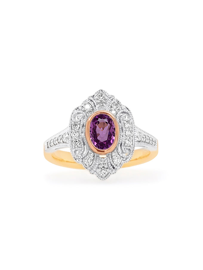 Pink Sapphire & Diamond Set Yellow Rose White Gold, S=1.11ct D=0.33ct.