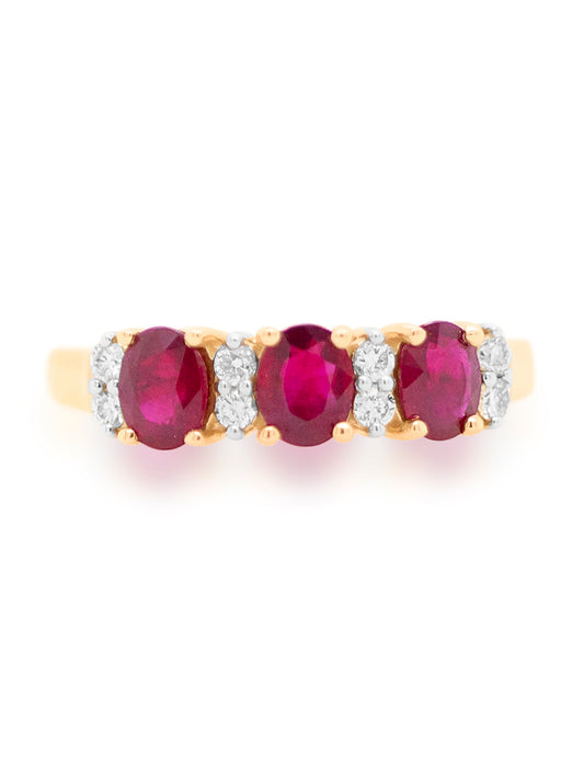 Natural Ruby And Diamond Set Trilogy Ring, 9K Yellow Gold