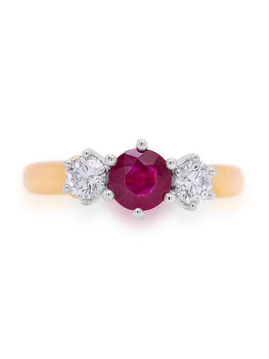 18K YWG Lab Grown Diamond & 6mm Round Cut Ruby ring.