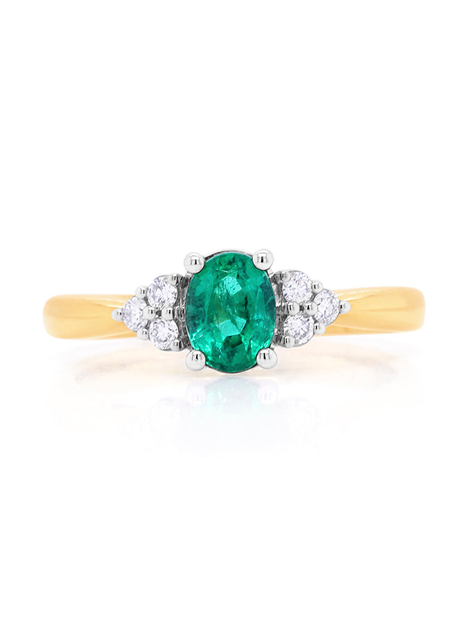 Natural Emerald & Diamonds Set Ring in 18 Carat Yellow Gold.