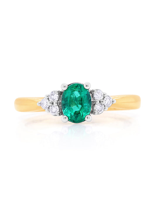 Natural Emerald & Diamonds Set Ring in 18 Carat Yellow Gold.