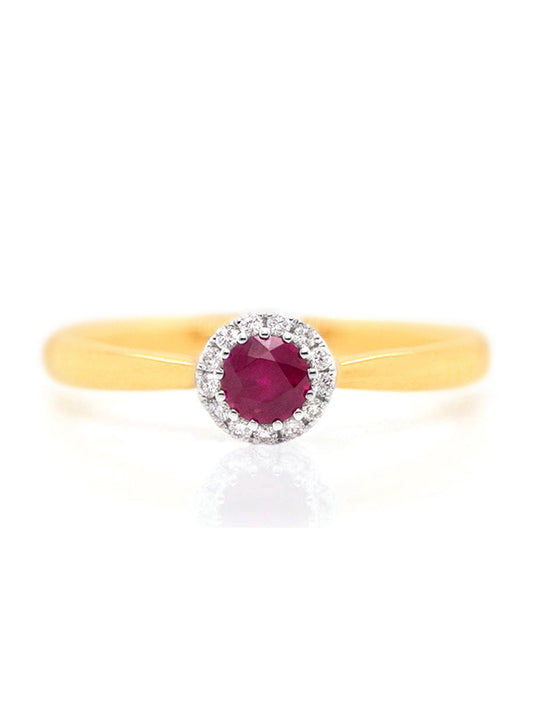 Round Ruby & Diamond Set Halo Ring, 18 Yellow Gold.