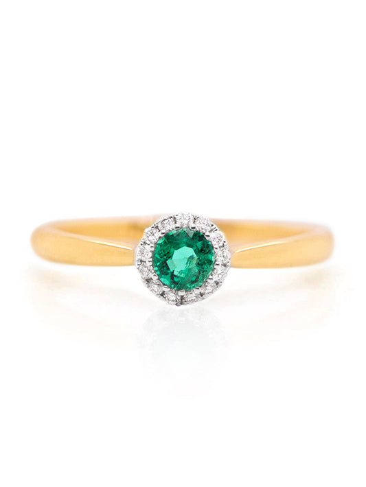 Round Emerald & Diamond Set Halo Ring, 18K Yellow Gold.