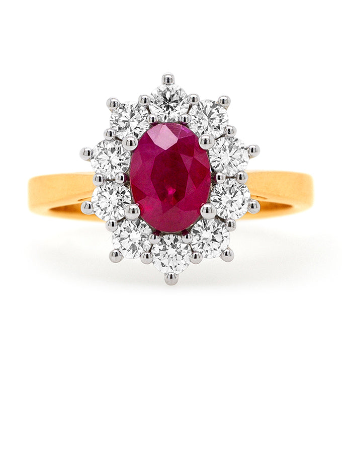 1.44 Carat Ruby & Diamond Cluster Ring, 18 Carat Yellow & White Gold