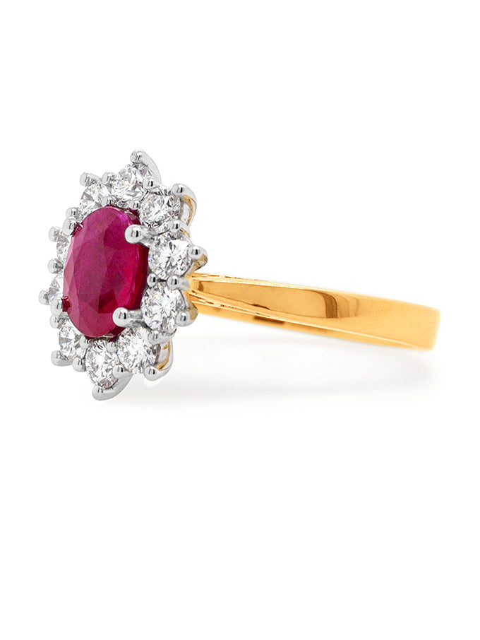 1.44 Carat Ruby & Diamond Cluster Ring, 18 Carat Yellow & White Gold