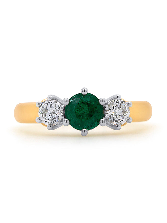 5.7mm Emerald and 0.50 Carat Diamond ring in 18 Carat Yellow Gold.