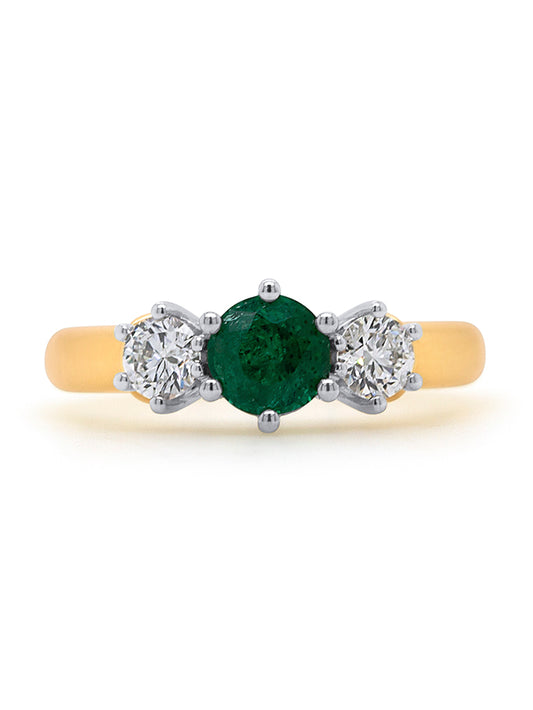 5.7mm Emerald and 0.50 Carat Diamond ring in 18 Carat Yellow Gold.