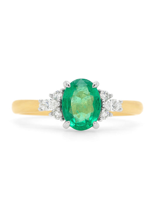Natural 1.13 Carat Oval Cut Emerald & Diamond Ring, 18K Yellow Gold.