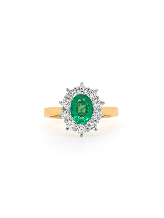 8x6mm Emerald & 0.94 Carat Diamond Cluster Ring. 18K Yellow Gold