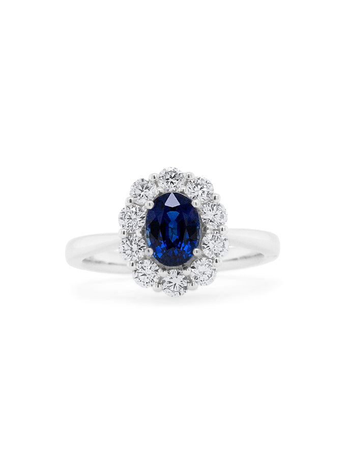 Sapphire & Diamond Cluster Ring, 18K White Gold.