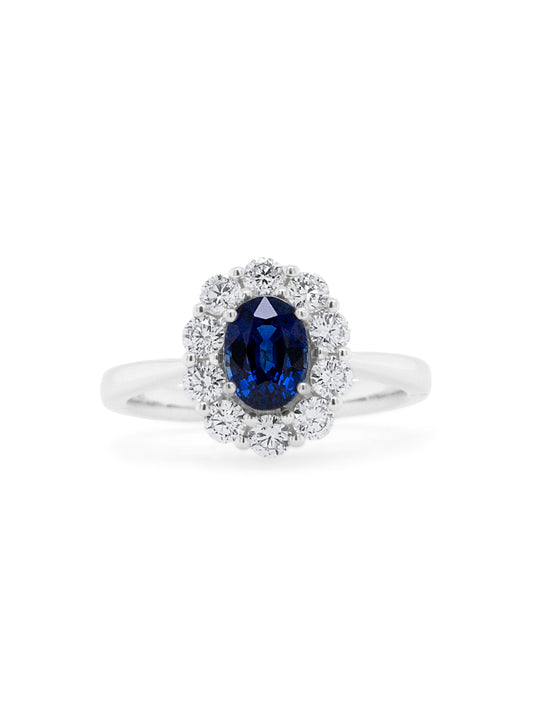 Sapphire & Diamond Cluster Ring, 18K White Gold.