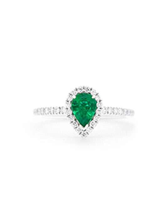 Pear Cut Natural Emerald and Diamond Set Ring, 18K White Gold