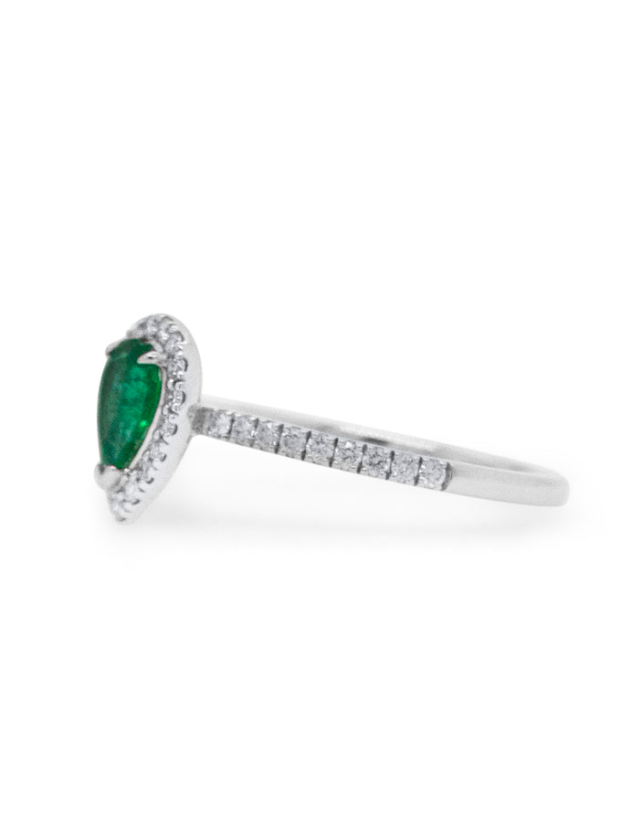 Pear Cut Natural Emerald and Diamond Set Ring, 18K White Gold