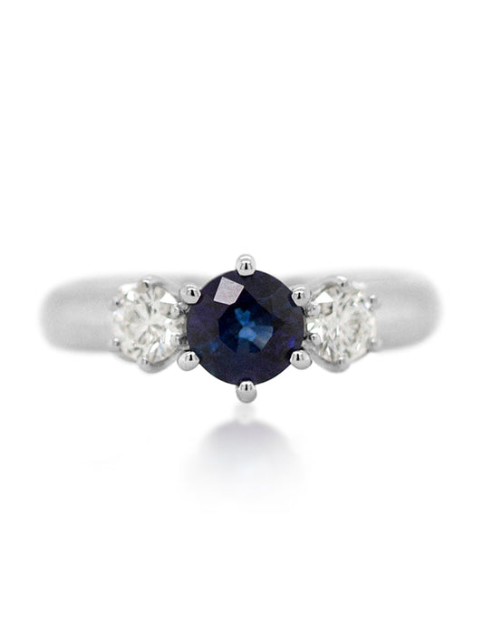 Royal Blue Sapphire 6mm & Diamonds T=0.50ct Set Ring 18K White Gold