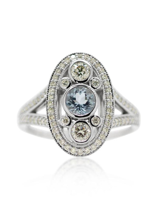 Aquamarine & Diamond Set Antique Style Ring, 9K White Gold.