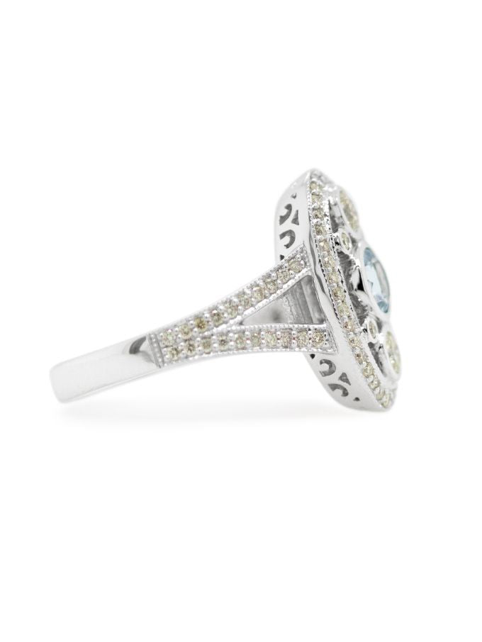 Aquamarine & Diamond Set Antique Style Ring, 9K White Gold.