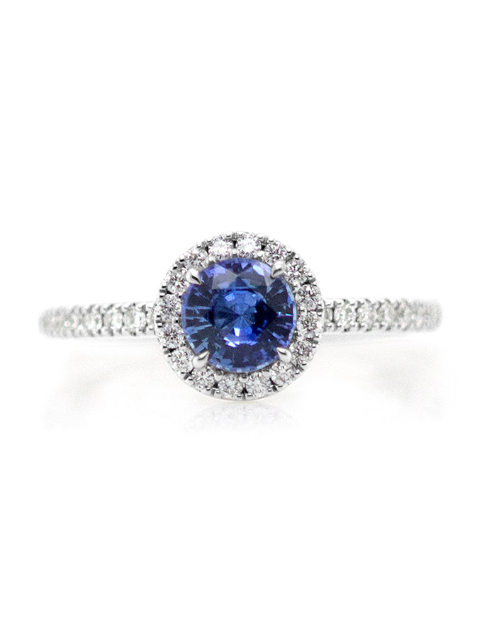 Round Halo Cluster Cornflour Blue Sapphire & Diamond Ring