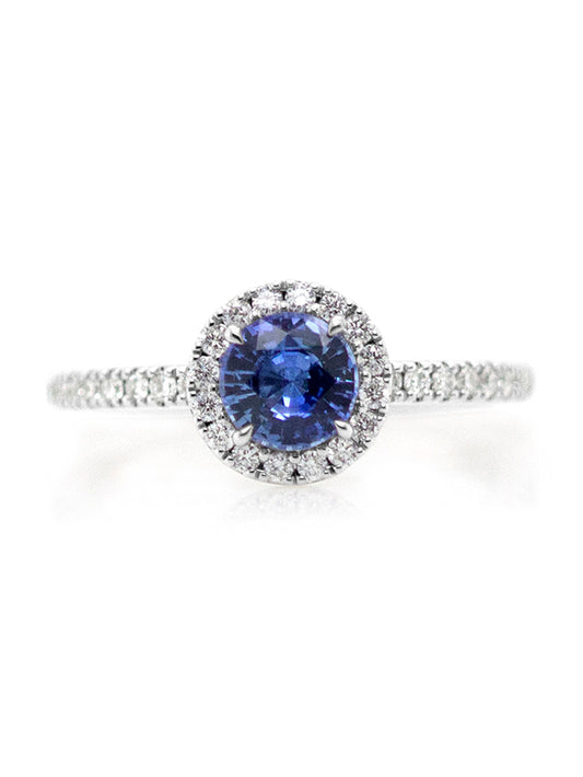 Round Halo Cluster Cornflour Blue Sapphire & Diamond Ring