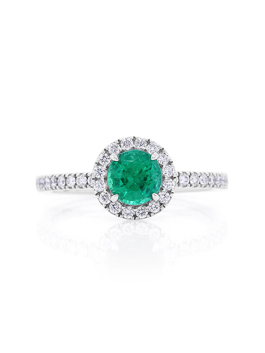 Round Halo Cluster Emerald Ring Set In 18K White Gold