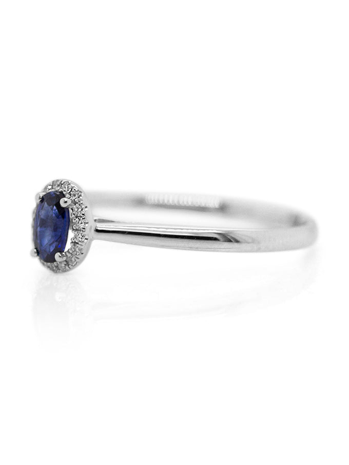 Oval Sapphire & Diamond Halo Ring, 18K White Gold.