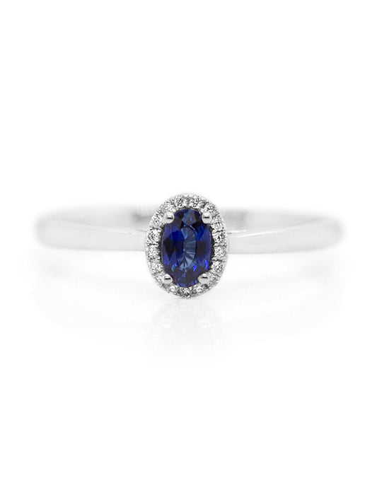 Oval Sapphire & Diamond Halo Ring, 18K White Gold.