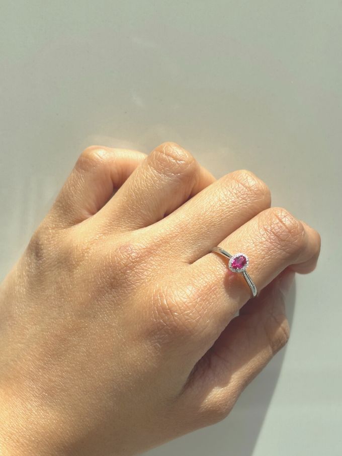 Oval Ruby & Diamond Halo Ring, 18K White Gold.