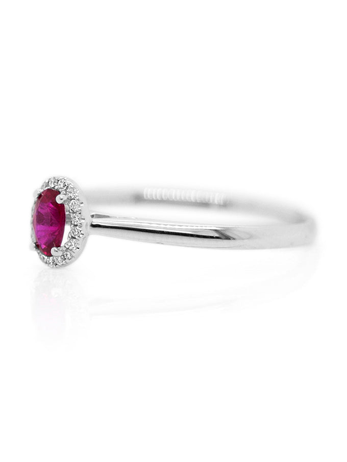 Oval Ruby & Diamond Halo Ring, 18K White Gold.