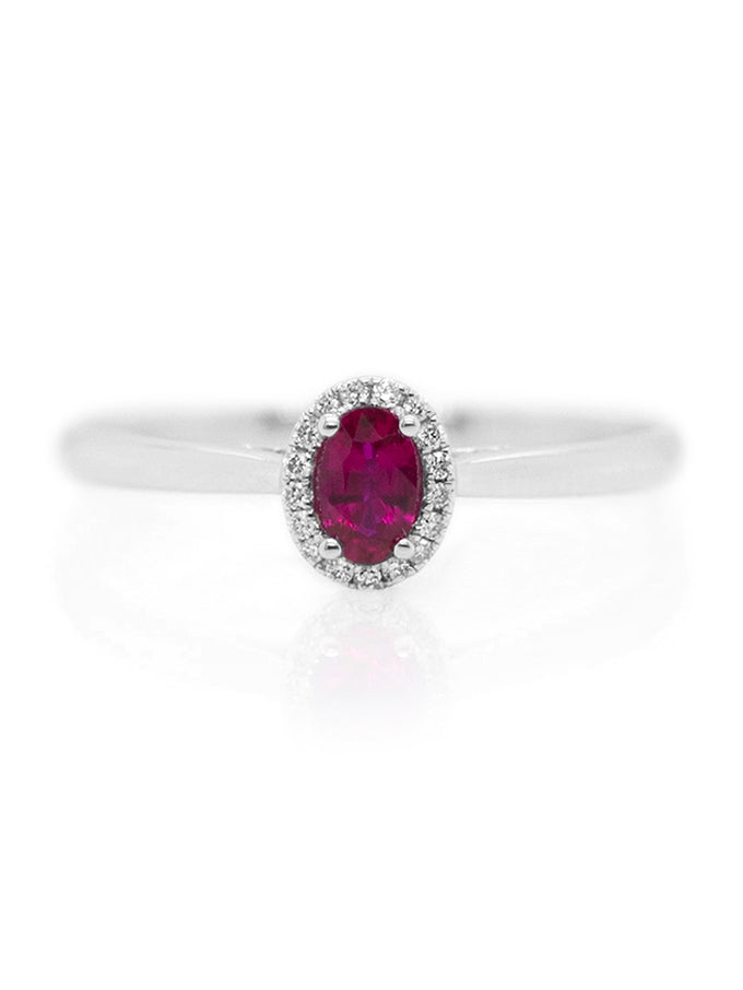 Oval Ruby & Diamond Halo Ring, 18K White Gold.