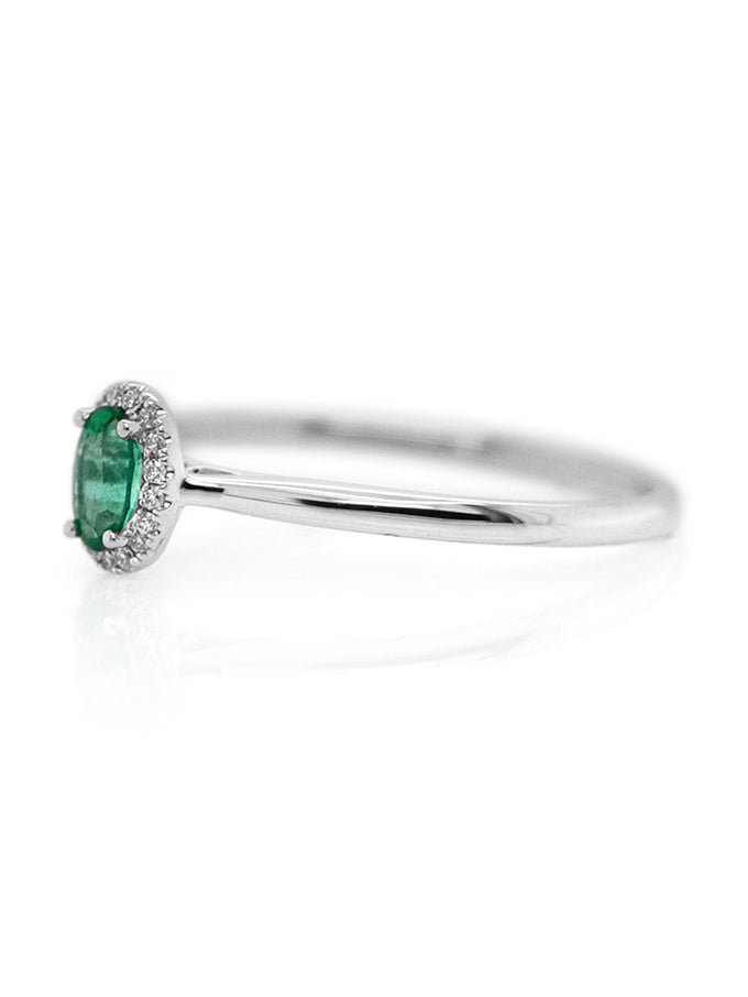 Oval Emerald & Diamond Halo Ring, 18K White Gold.