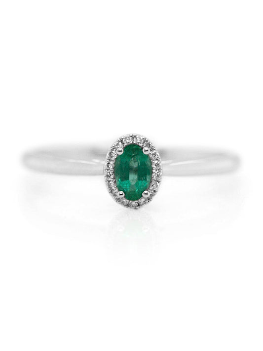 Oval Emerald & Diamond Halo Ring, 18K White Gold.