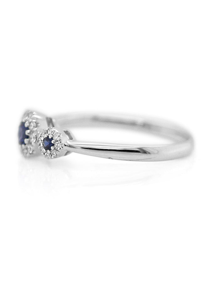 Sapphire & Diamond Halo Trilogy Ring, 18K White Gold.