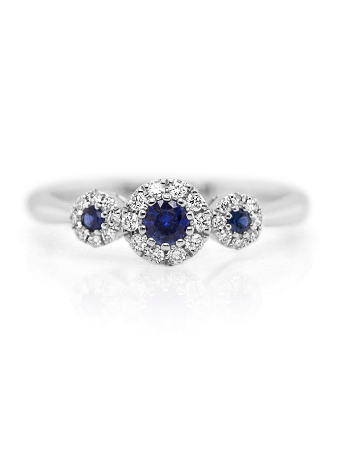 Sapphire & Diamond Halo Trilogy Ring, 18K White Gold.